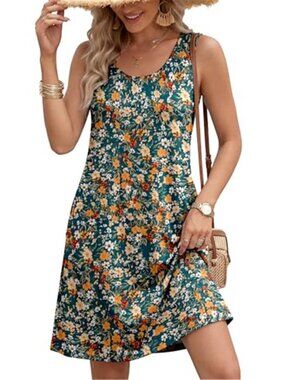 Womens Floral Sundress Sleeveless Boho Beach Cover Up Flowy Summer Dress